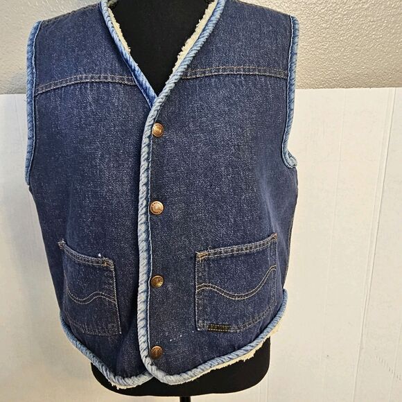 Vintage Sears Roebucks Blue Denim Vest Faux Sherpa Lining Sz Large Truckee Q0323 - Picture 1 of 12